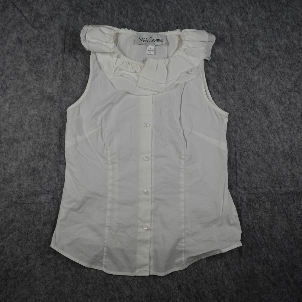 Sara Campbell Top Women 2 White Ruffle Neck Sleeveless Button Blouse Victorian